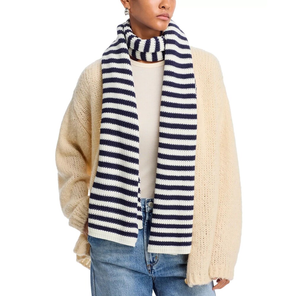 AQUA Women's Luxury Striped Rib Scarf Navy Blue White Soft & Cozy One Size